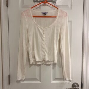 Vylette Cream Ribbed Knit Button Front Cardigan Lace Trim Lettuce Edge Top Med
